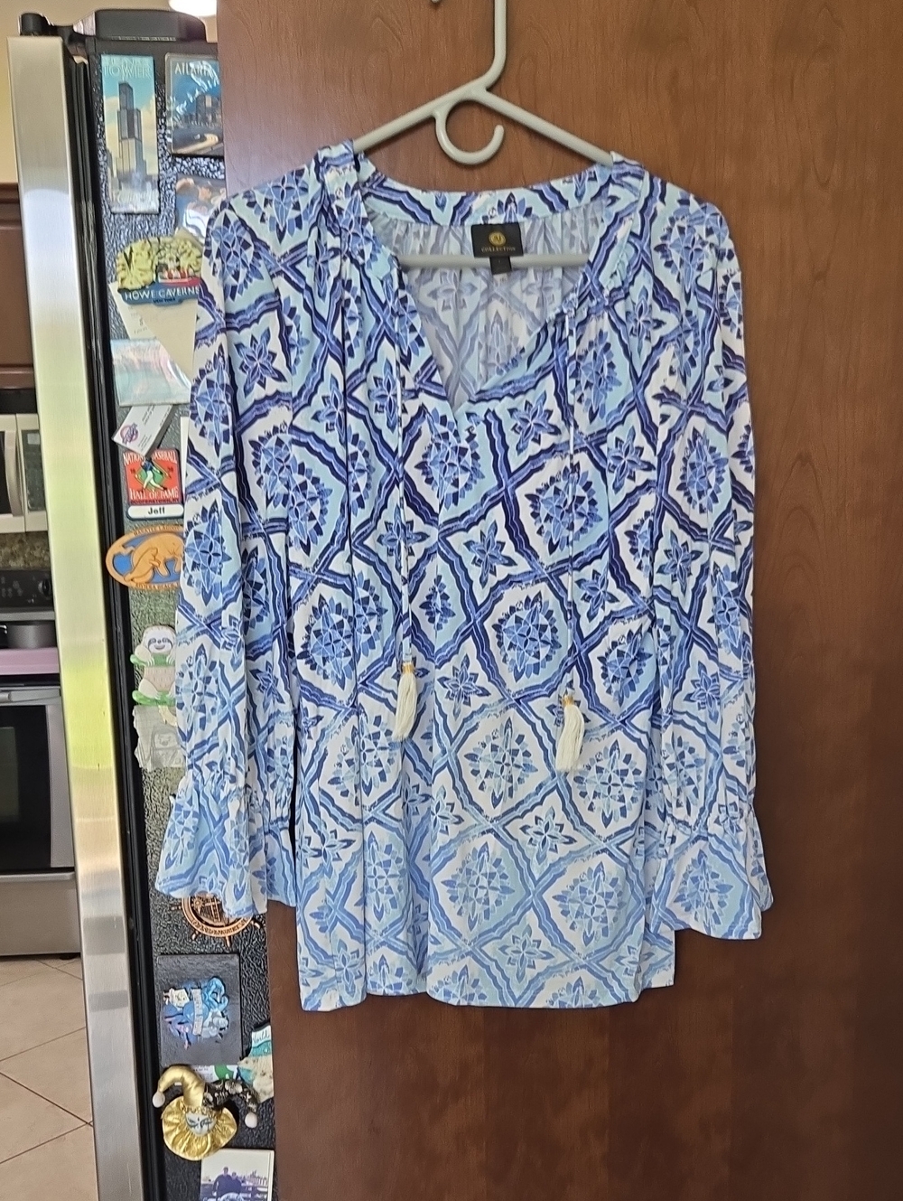JM Collection Blue White Tile-Print Peasant Tunic with Tassels